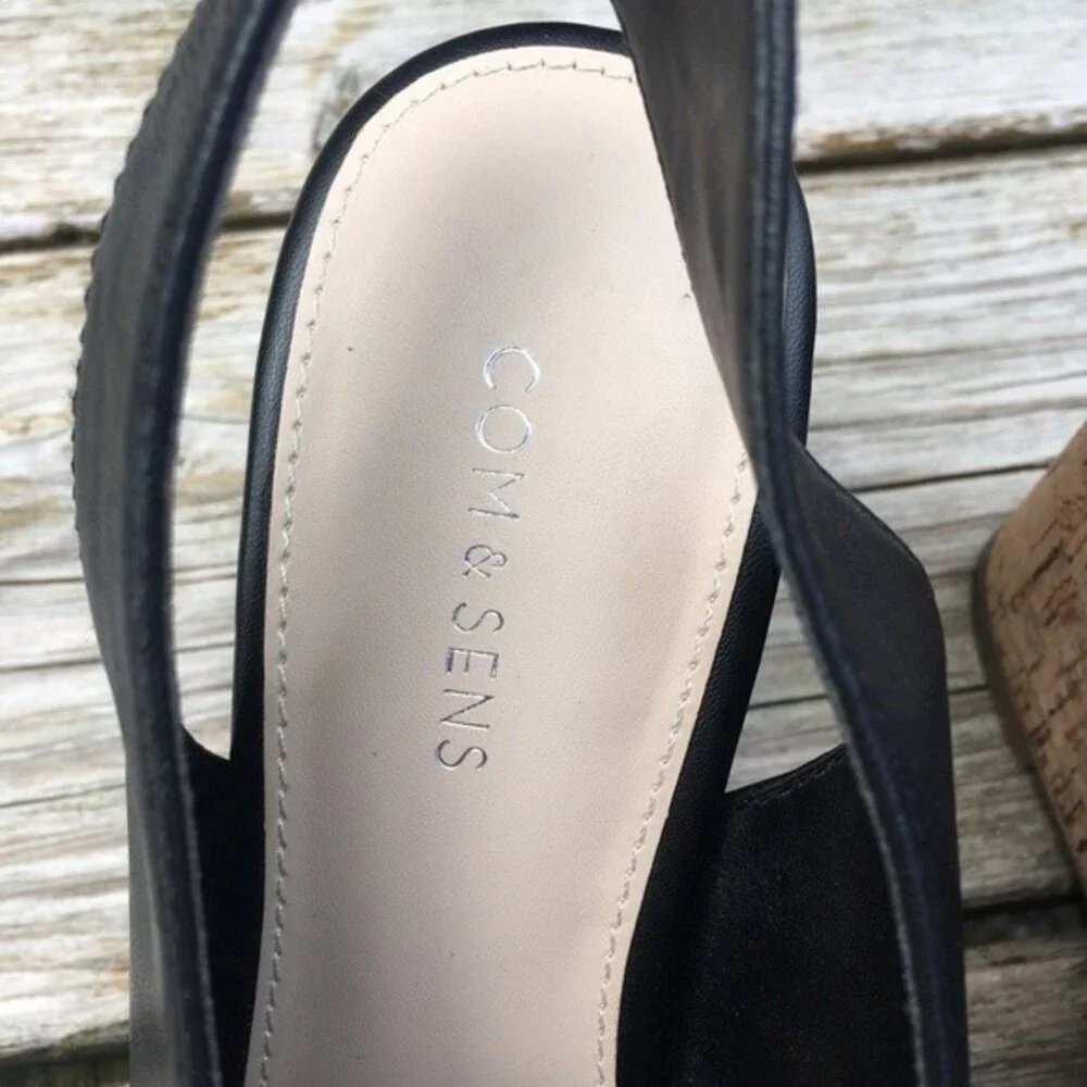 COM & SENS Leather Missy Wedge Sandal in Black 7.5